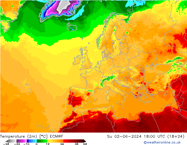 Temperaturkarte (2m) ECMWF So 02.06.2024 18 UTC