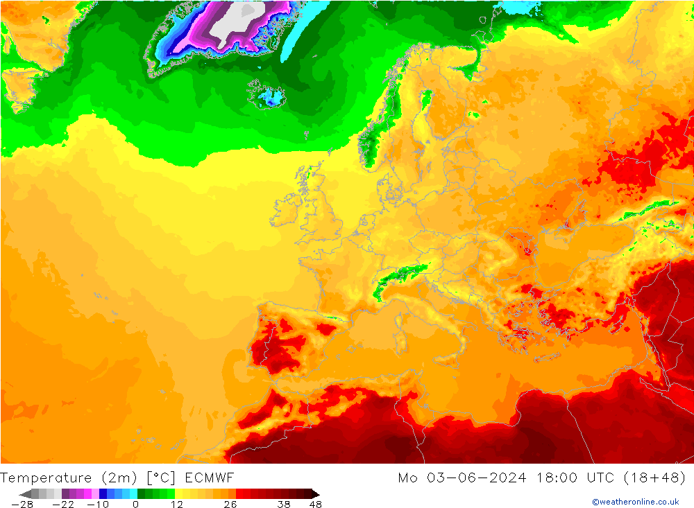 карта температуры ECMWF пн 03.06.2024 18 UTC