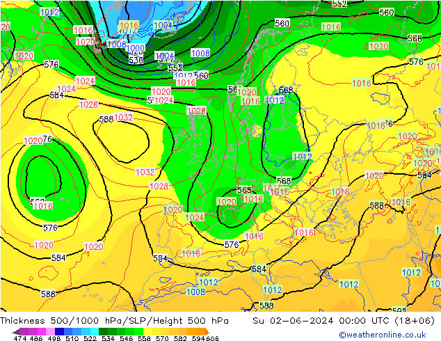 Dikte 500-1000hPa ECMWF zo 02.06.2024 00 UTC