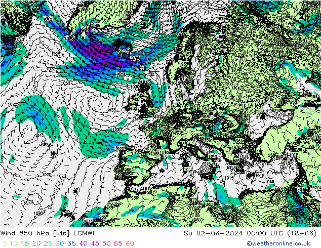 Rüzgar 850 hPa ECMWF Paz 02.06.2024 00 UTC