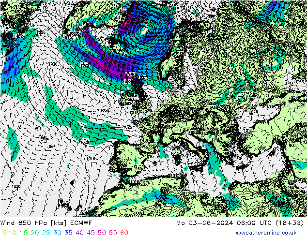 Rüzgar 850 hPa ECMWF Pzt 03.06.2024 06 UTC