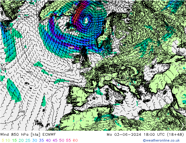 Rüzgar 850 hPa ECMWF Pzt 03.06.2024 18 UTC