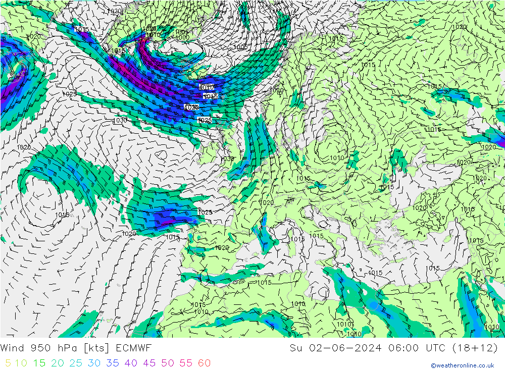 Wind 950 hPa ECMWF Su 02.06.2024 06 UTC