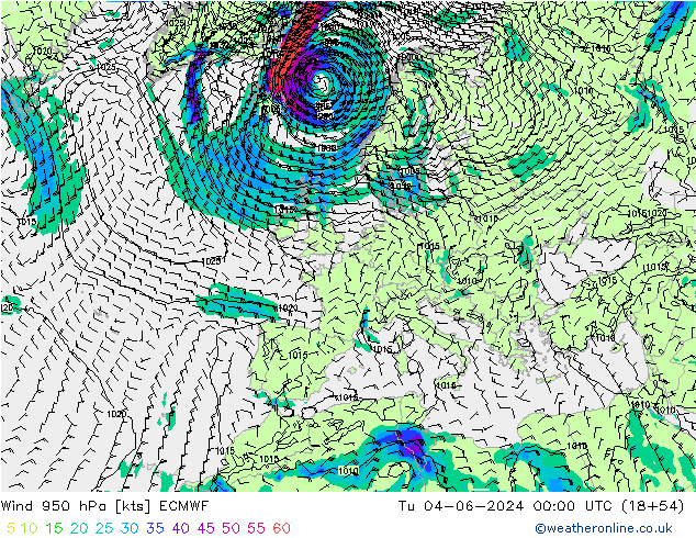 Wind 950 hPa ECMWF Út 04.06.2024 00 UTC