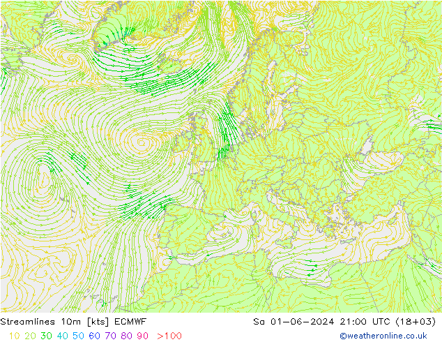 Streamlines 10m ECMWF Sa 01.06.2024 21 UTC