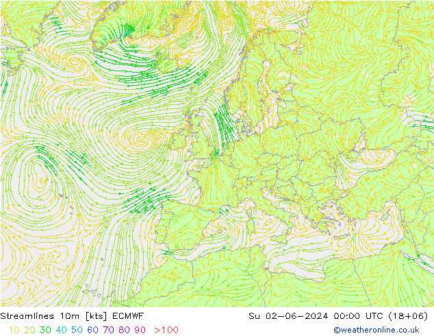 Stroomlijn 10m ECMWF zo 02.06.2024 00 UTC