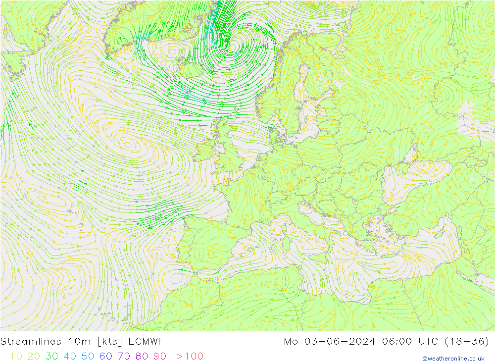 Streamlines 10m ECMWF Mo 03.06.2024 06 UTC