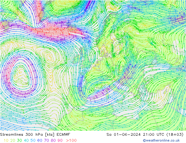 ветер 300 гПа ECMWF сб 01.06.2024 21 UTC