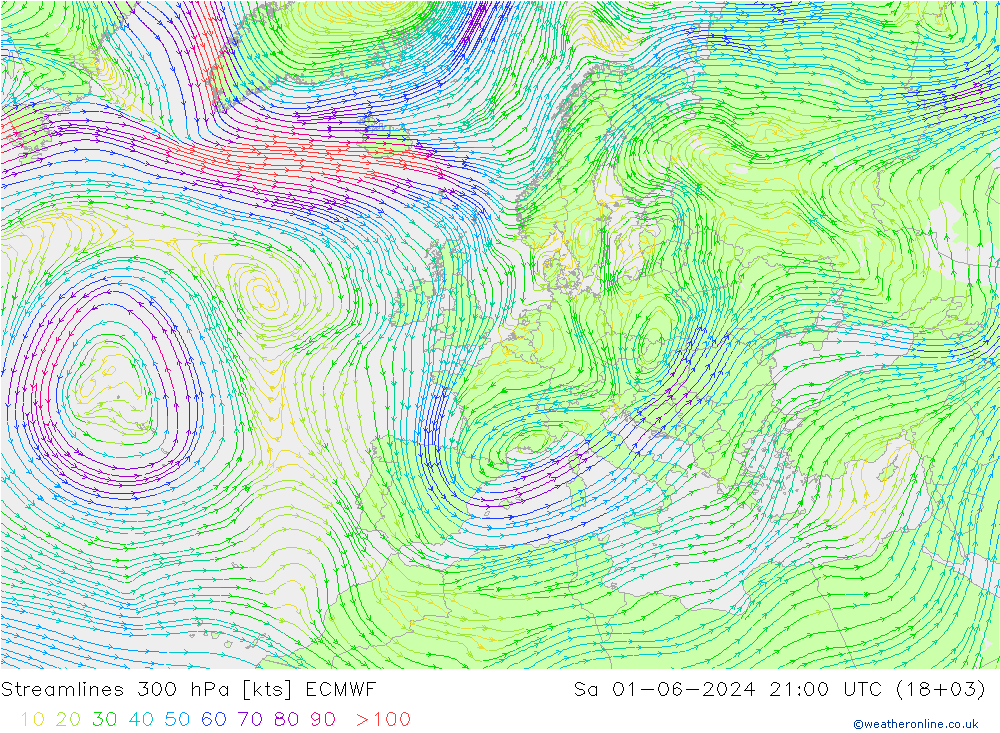 Streamlines 300 hPa ECMWF So 01.06.2024 21 UTC