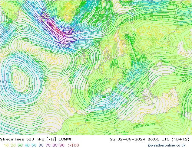 ветер 500 гПа ECMWF Вс 02.06.2024 06 UTC
