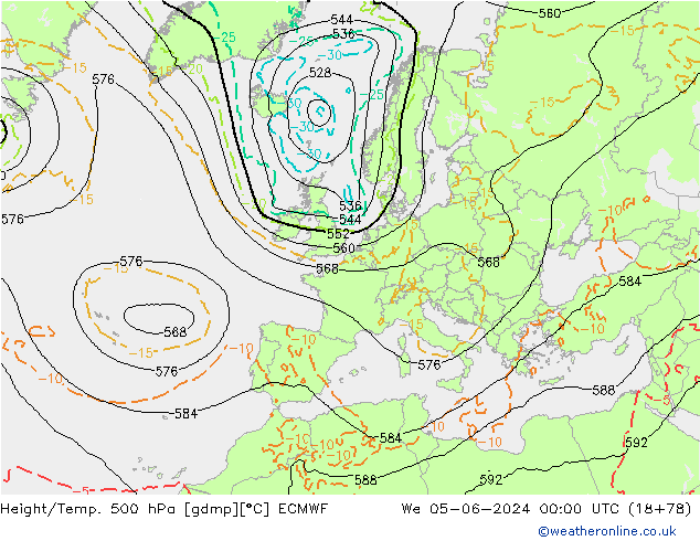 Z500/Rain (+SLP)/Z850 ECMWF Mi 05.06.2024 00 UTC