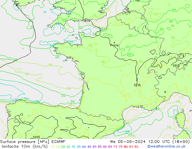 Isotachen (km/h) ECMWF Mi 05.06.2024 12 UTC
