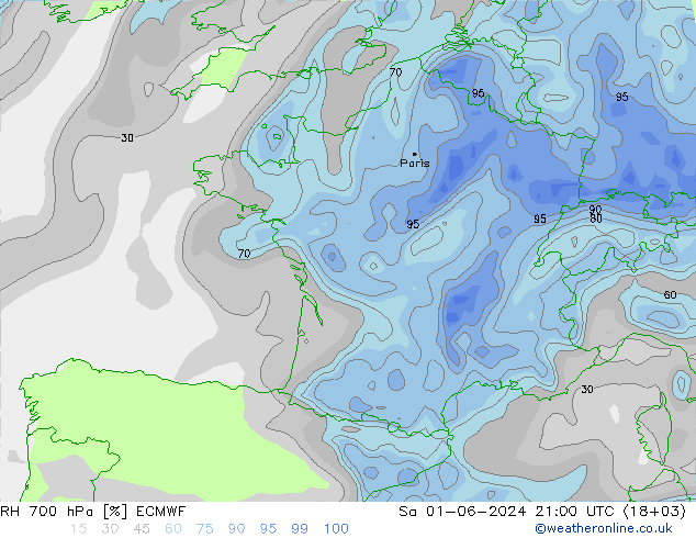 Humidité rel. 700 hPa ECMWF sam 01.06.2024 21 UTC