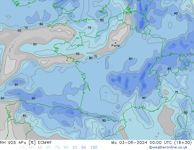 Humidité rel. 925 hPa ECMWF lun 03.06.2024 00 UTC