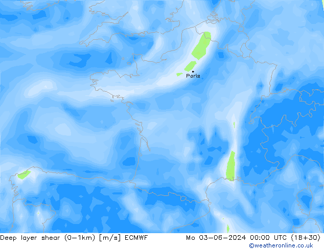 Deep layer shear (0-1km) ECMWF пн 03.06.2024 00 UTC