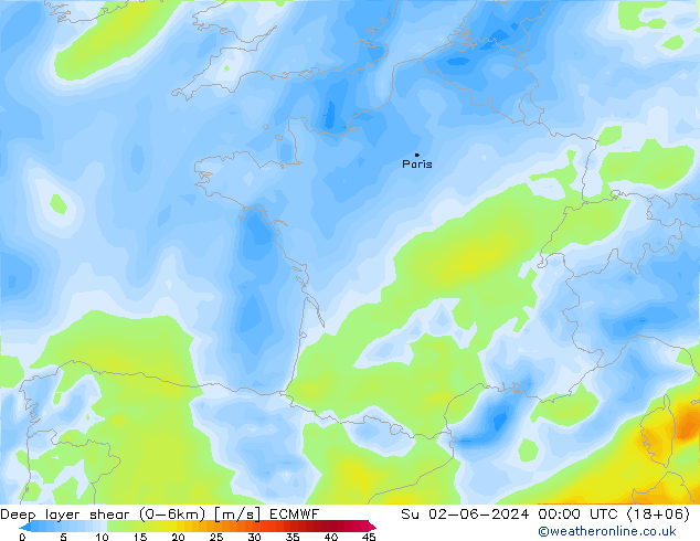 Deep layer shear (0-6km) ECMWF Ne 02.06.2024 00 UTC