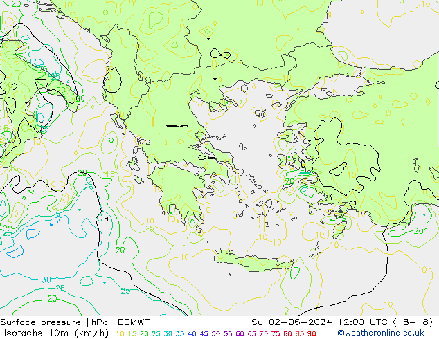 Isotachs (kph) ECMWF Вс 02.06.2024 12 UTC