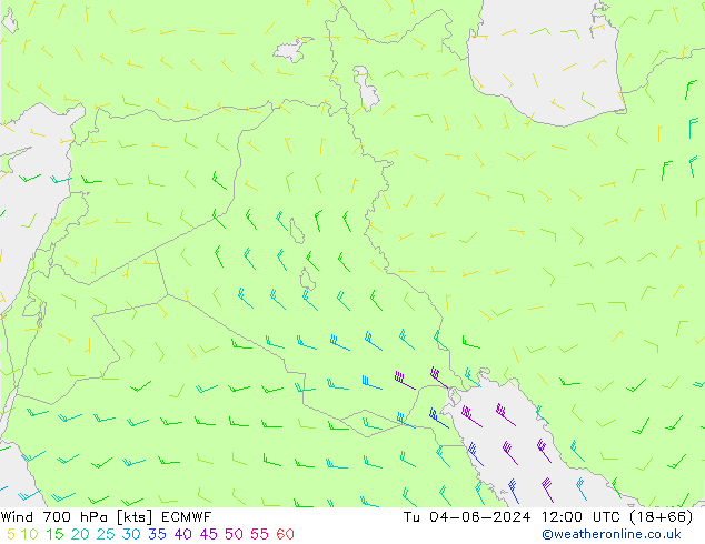 Wind 700 hPa ECMWF Út 04.06.2024 12 UTC