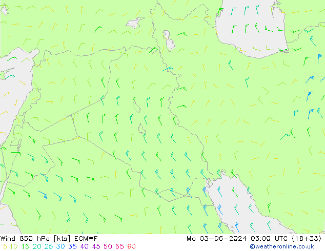 wiatr 850 hPa ECMWF pon. 03.06.2024 03 UTC