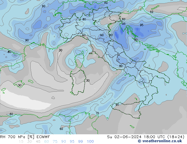 Humidité rel. 700 hPa ECMWF dim 02.06.2024 18 UTC