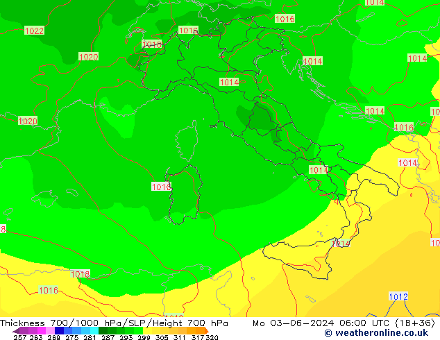 Thck 700-1000 hPa ECMWF lun 03.06.2024 06 UTC