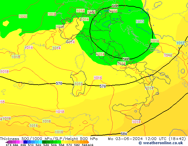 Dikte 500-1000hPa ECMWF ma 03.06.2024 12 UTC