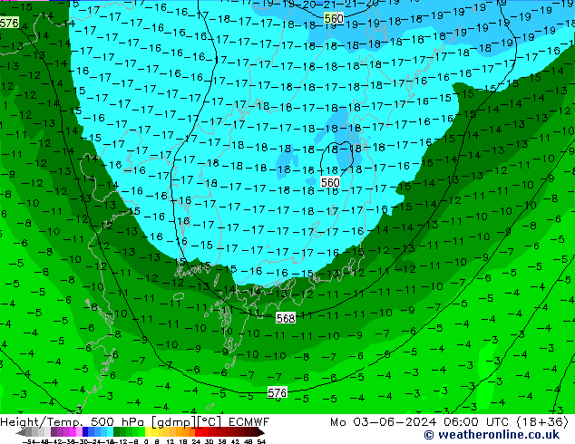 Z500/Rain (+SLP)/Z850 ECMWF pon. 03.06.2024 06 UTC