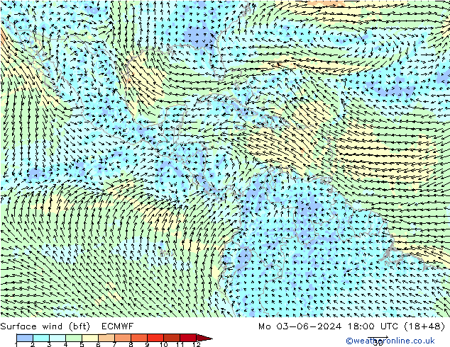 Vent 10 m (bft) ECMWF lun 03.06.2024 18 UTC