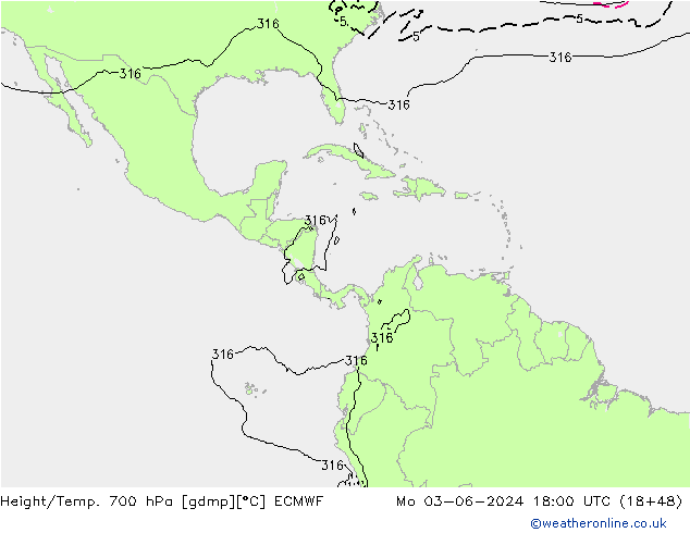 Height/Temp. 700 hPa ECMWF Mo 03.06.2024 18 UTC