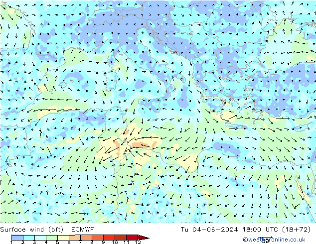 Wind 10 m (bft) ECMWF di 04.06.2024 18 UTC