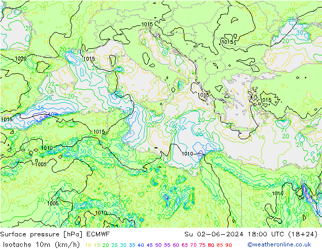 Isotachen (km/h) ECMWF zo 02.06.2024 18 UTC