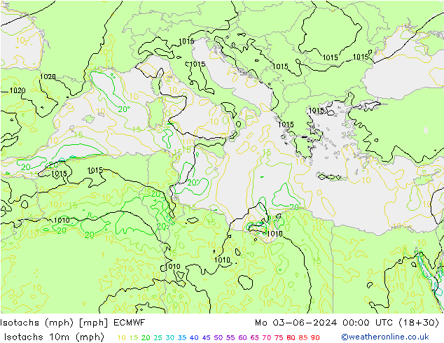 Isotachen (mph) ECMWF ma 03.06.2024 00 UTC