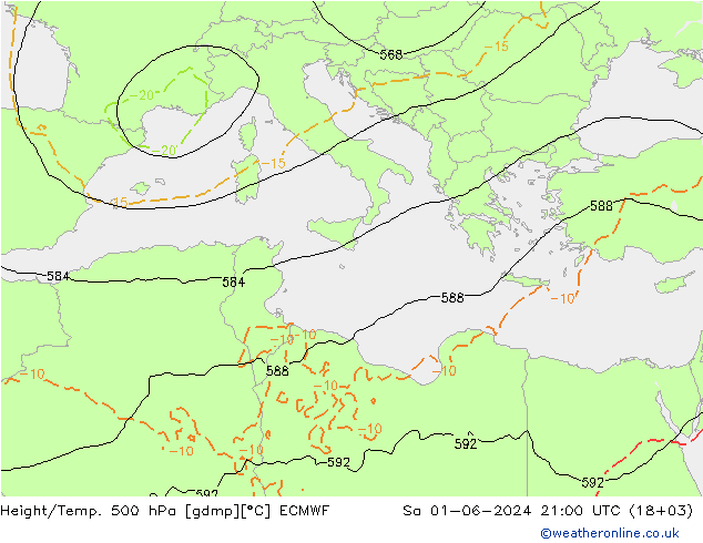 Height/Temp. 500 гПа ECMWF сб 01.06.2024 21 UTC