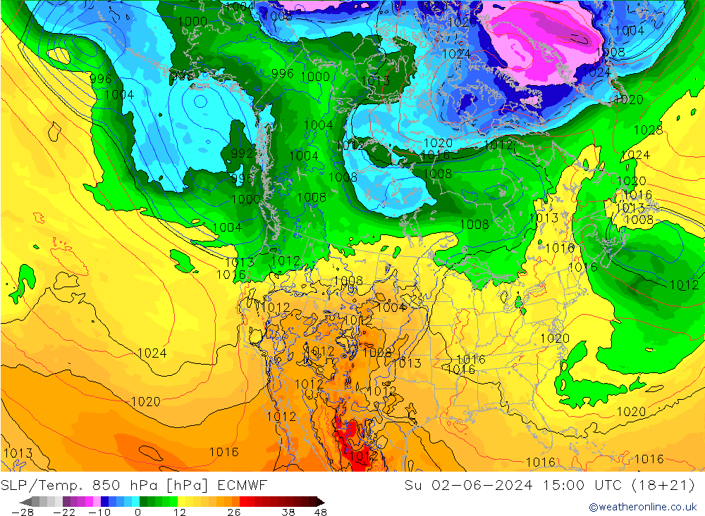 SLP/Temp. 850 hPa ECMWF Su 02.06.2024 15 UTC