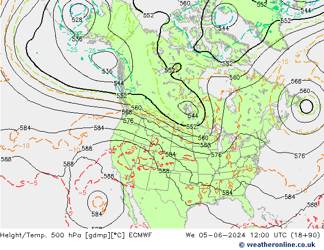 Height/Temp. 500 hPa ECMWF Mi 05.06.2024 12 UTC