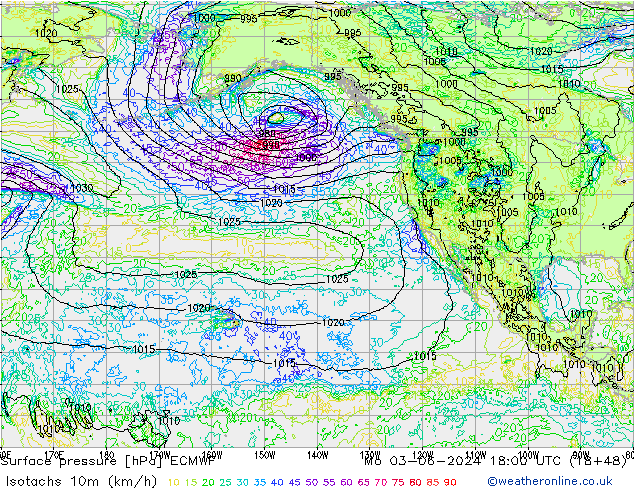 Isotaca (kph) ECMWF lun 03.06.2024 18 UTC