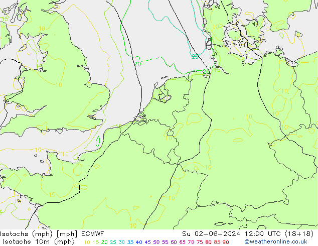 Isotachen (mph) ECMWF zo 02.06.2024 12 UTC
