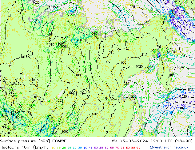 Isotachs (kph) ECMWF We 05.06.2024 12 UTC