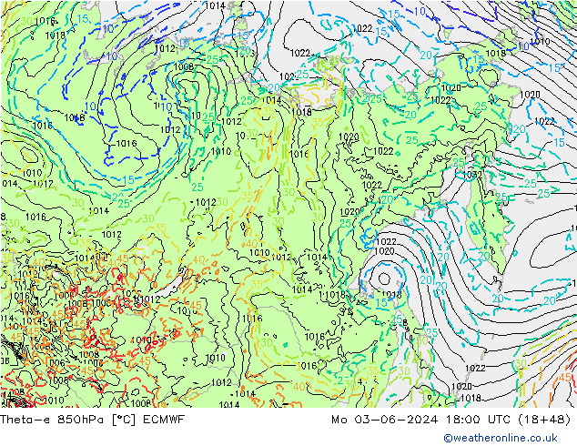 Theta-e 850hPa ECMWF Po 03.06.2024 18 UTC