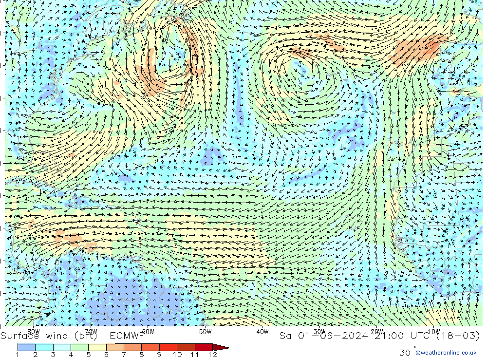 Rüzgar 10 m (bft) ECMWF Cts 01.06.2024 21 UTC
