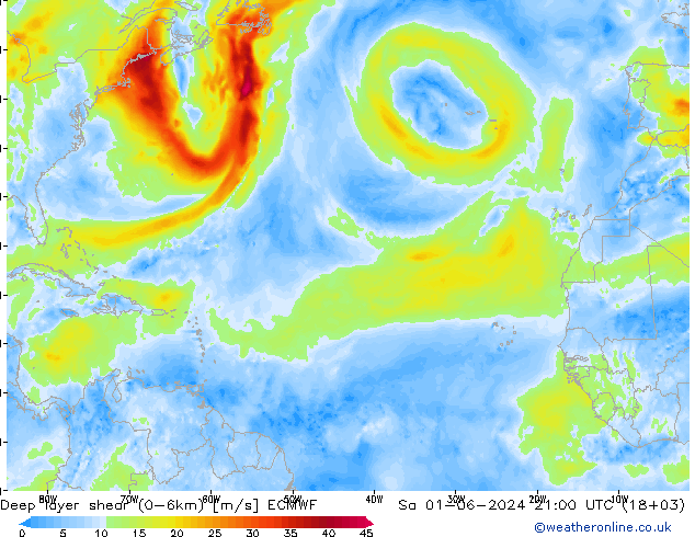 Deep layer shear (0-6km) ECMWF so. 01.06.2024 21 UTC