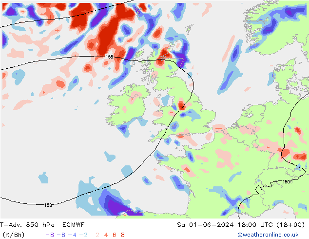 T-Adv. 850 hPa ECMWF Sa 01.06.2024 18 UTC