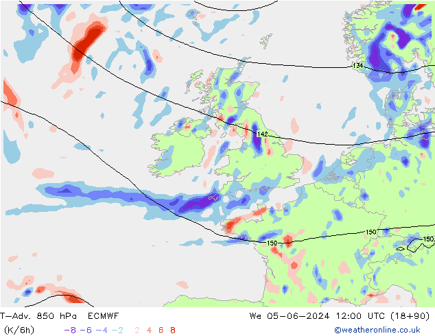 T-Adv. 850 hPa ECMWF śro. 05.06.2024 12 UTC