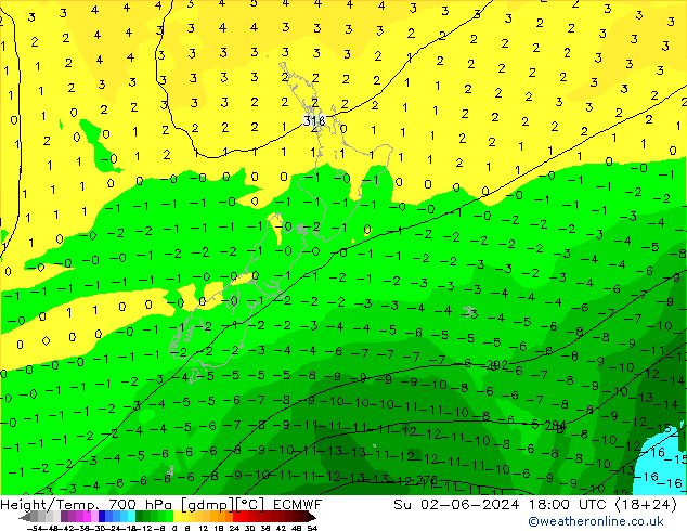 Height/Temp. 700 hPa ECMWF Dom 02.06.2024 18 UTC