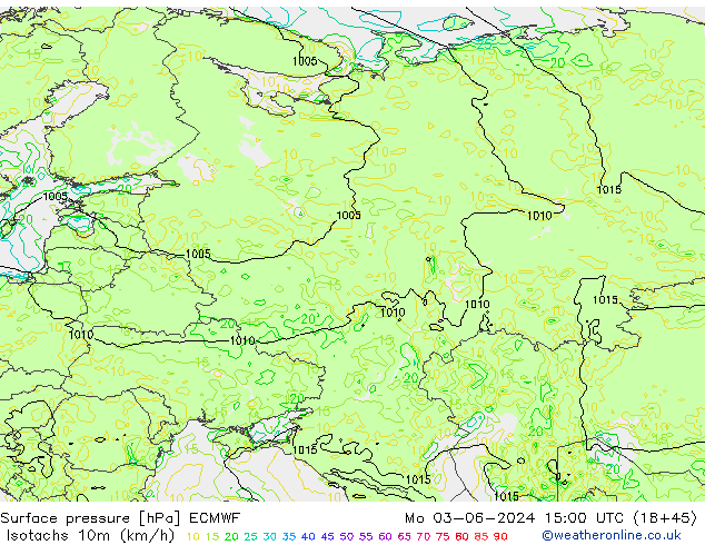 Isotachen (km/h) ECMWF ma 03.06.2024 15 UTC