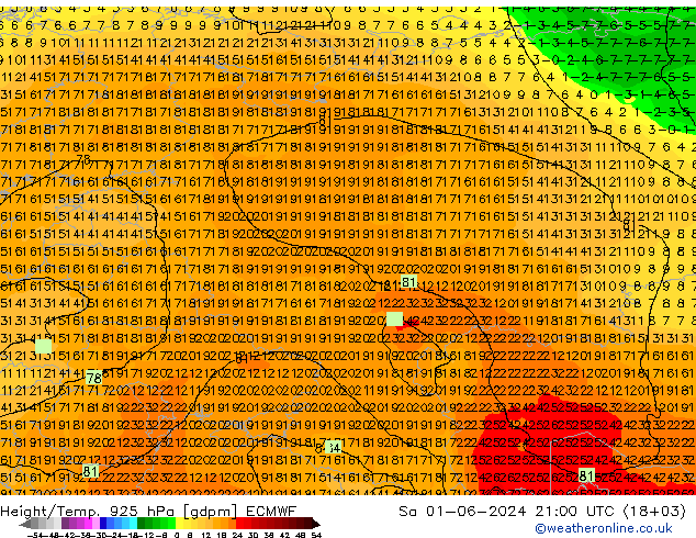 Height/Temp. 925 hPa ECMWF Sa 01.06.2024 21 UTC