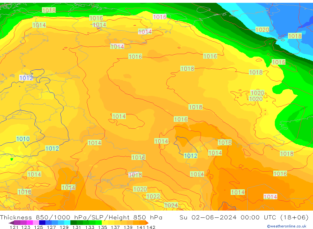 Thck 850-1000 hPa ECMWF Su 02.06.2024 00 UTC