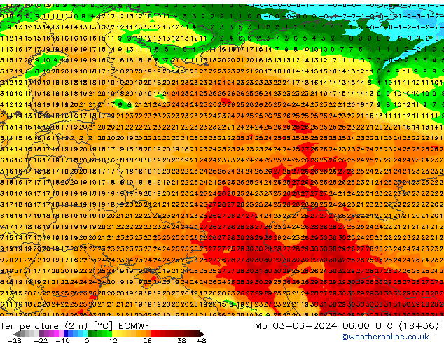 Temperaturkarte (2m) ECMWF Mo 03.06.2024 06 UTC