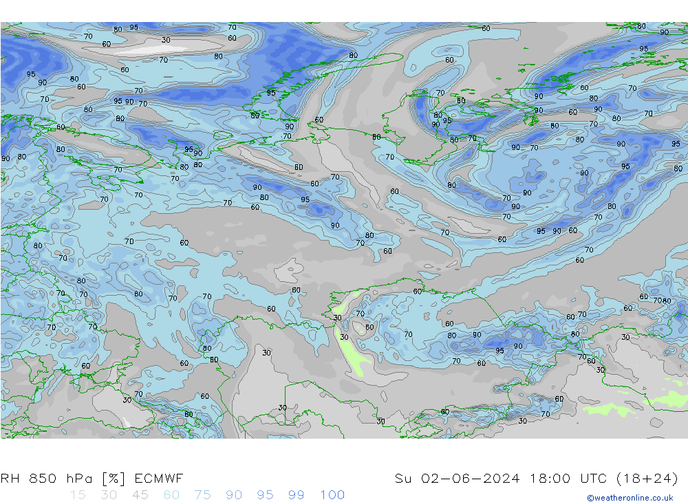 Humedad rel. 850hPa ECMWF dom 02.06.2024 18 UTC