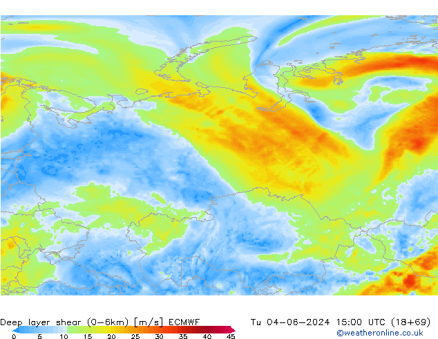 Deep layer shear (0-6km) ECMWF вт 04.06.2024 15 UTC